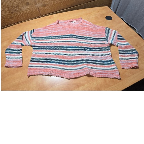 O'Neill Sweaters - ONeill Womens XL Striped Knit Sweater Coral Teal White Drop Shoulder Relaxed